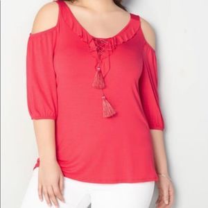 Avenue ruffle, lace up cold shoulder top 30/32